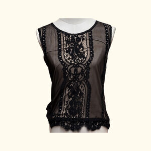 Max Studio Lace Tank Top | Black Cream | Size S | Vintage Y2K